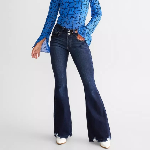 NWT Kancan/buckle dark wash button fly distressed flare jeans SIZE 28 - Picture 1 of 3